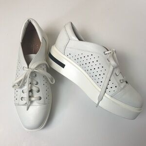 Linea Paolo white platform sneakers lace up with black stripe, size 10